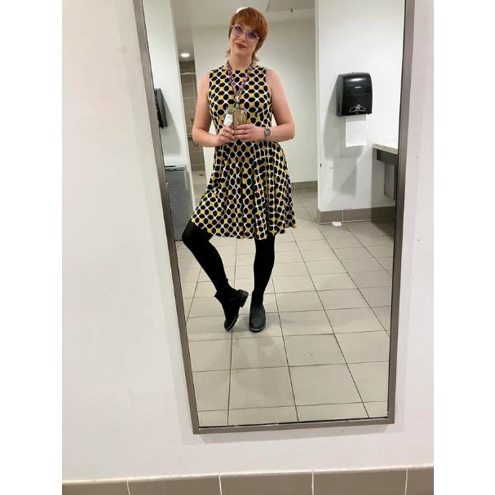 Donna Morgan Women's Fit And Flare Mini Dress Blue Yellow Geometric Print Size 8